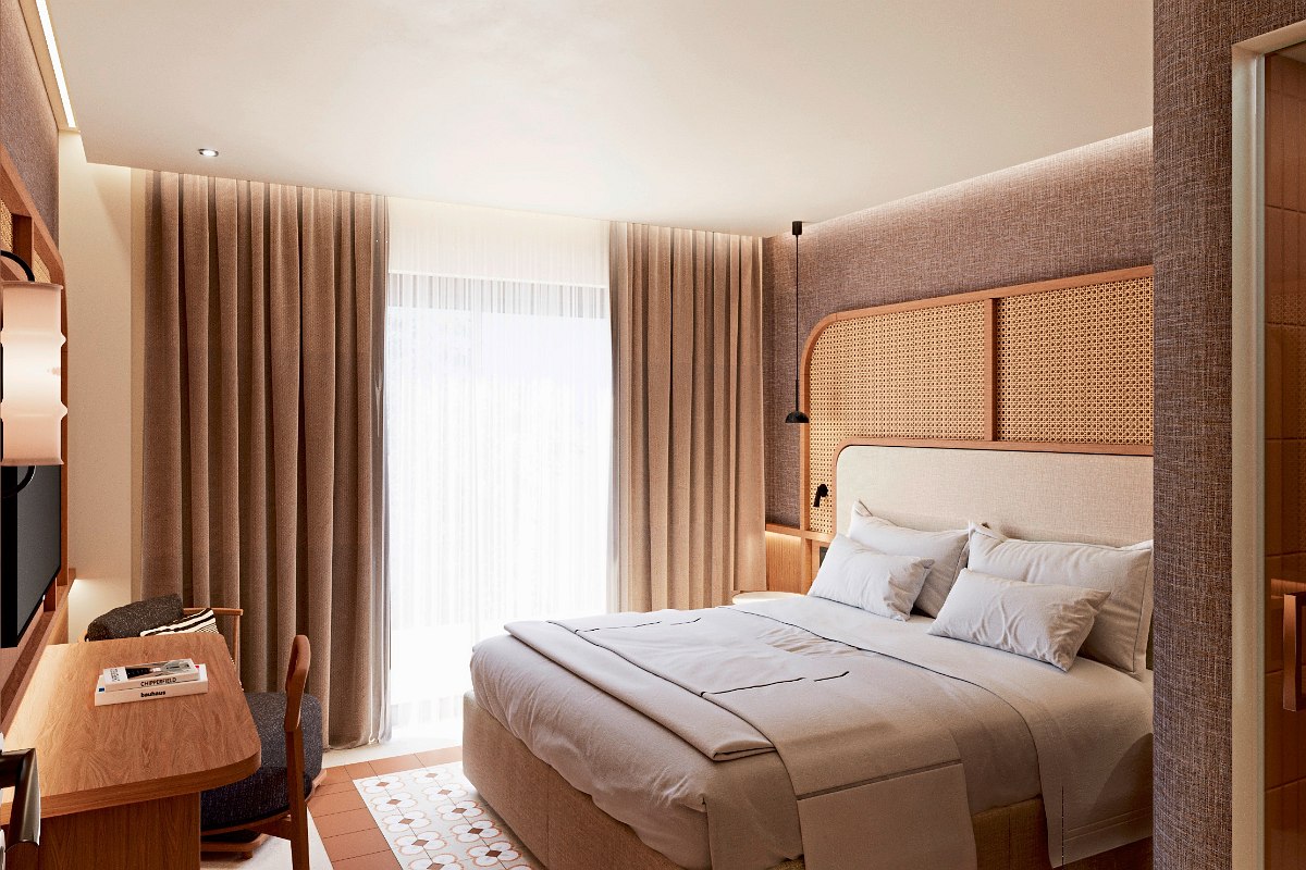 Stilvolles Hotelzimmer mit Holztrennwänden, Doppelbett, Sitzbereich und warmen Naturtönen in elegantem Design.“