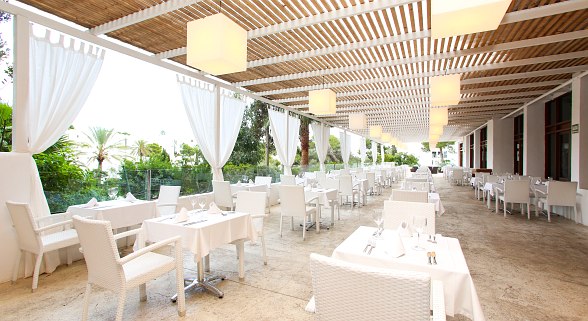 Überdachte Außenterrasse eines Restaurants mit weißen Tischen und Stühlen, Vorhängen und Blick auf Palmen und Garten.