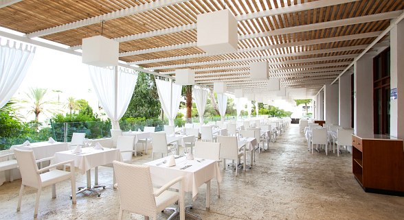 Überdachte Außenterrasse eines Restaurants mit weißen Tischen und Stühlen, Vorhängen und Blick auf Palmen und Garten.