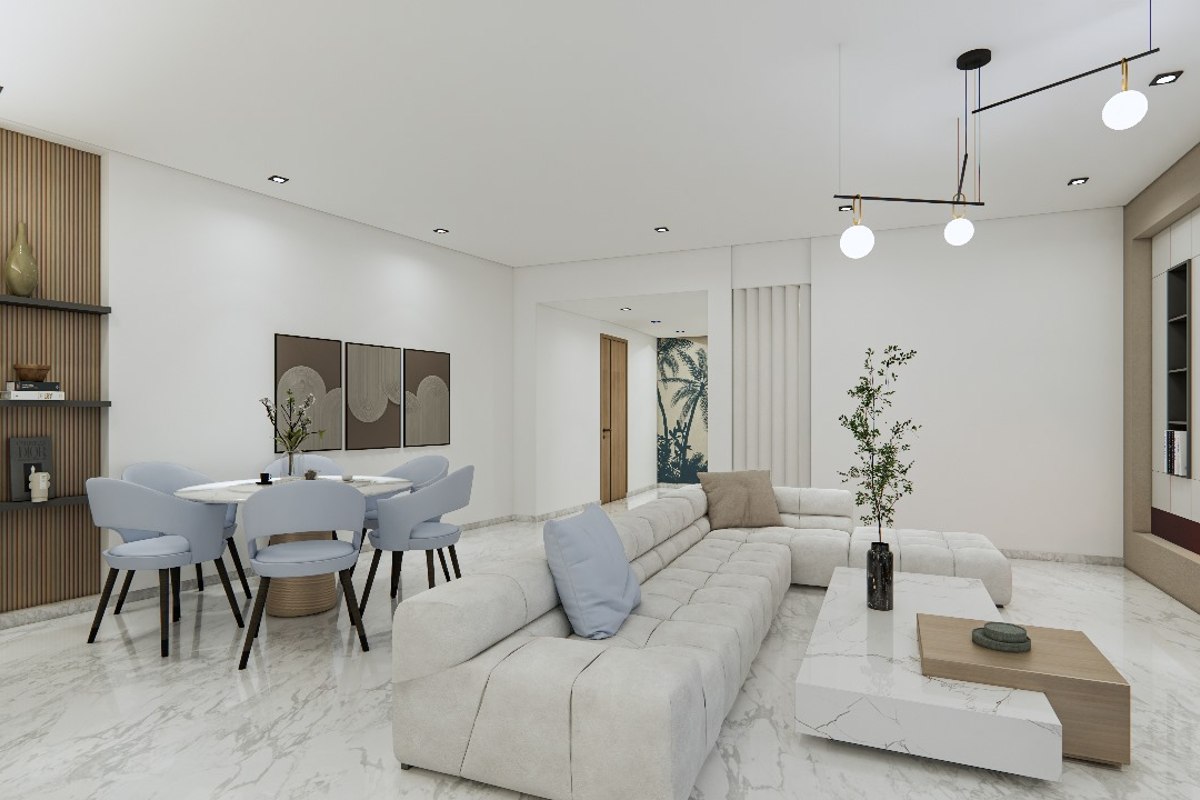 Modernes Hotel Wohnzimmer mit bequemer grauer Couch, rundem Esstisch und blauen Stühlen, hellem Marmorboden und minimalistischer Einrichtung.