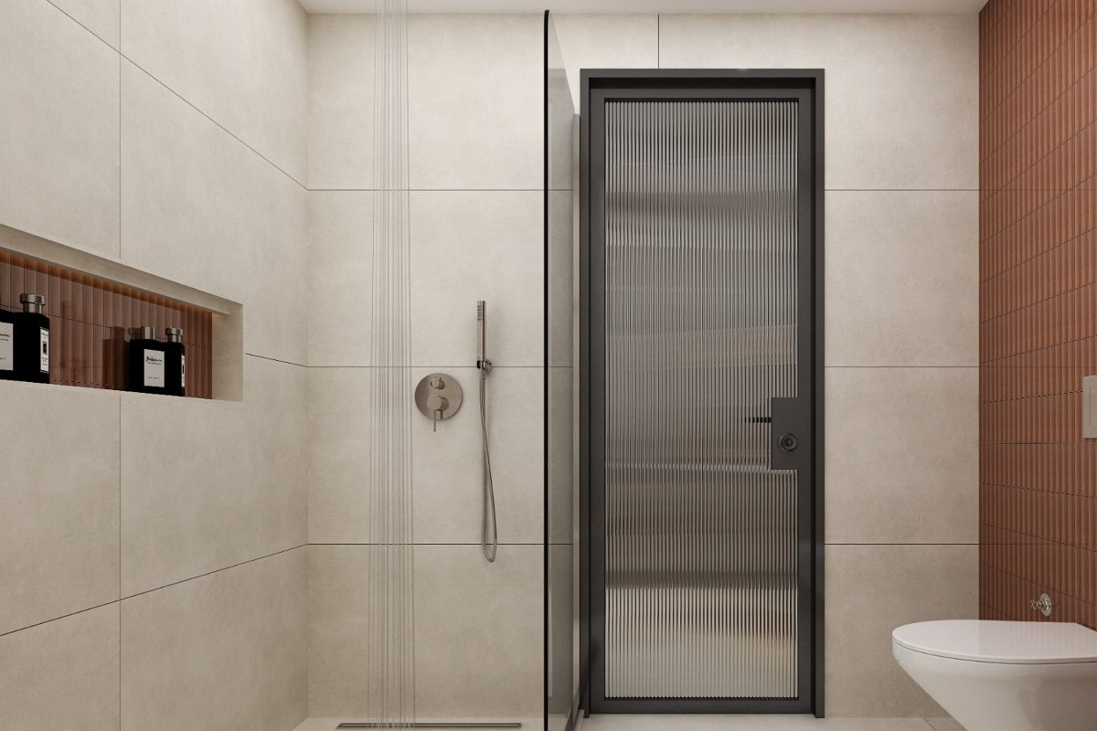 Modernes Hotelbad mit Glasdusche, edlem Marmorwaschtisch und hochwertigen Pflegeprodukten.