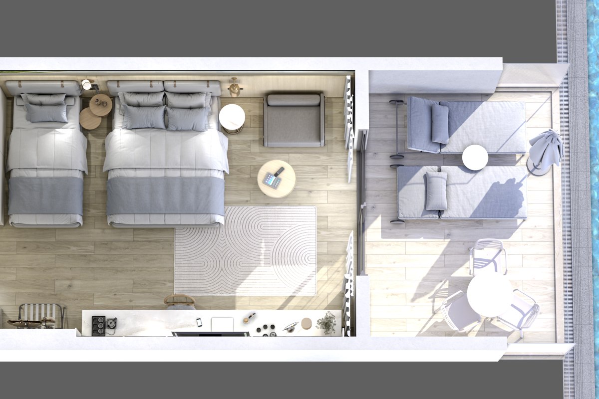Modernes Familienzimmer mit getrennten Schlafbereichen, stilvollem Design, Teppichboden und Zugang zum Balkon mit Tageslicht.