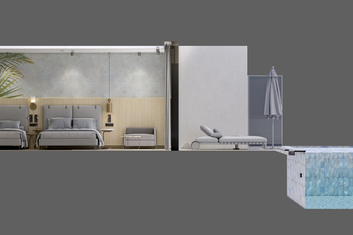 Modernes Familienzimmer mit getrennten Schlafbereichen, stilvollem Design, Teppichboden und Zugang zum Balkon mit Tageslicht.