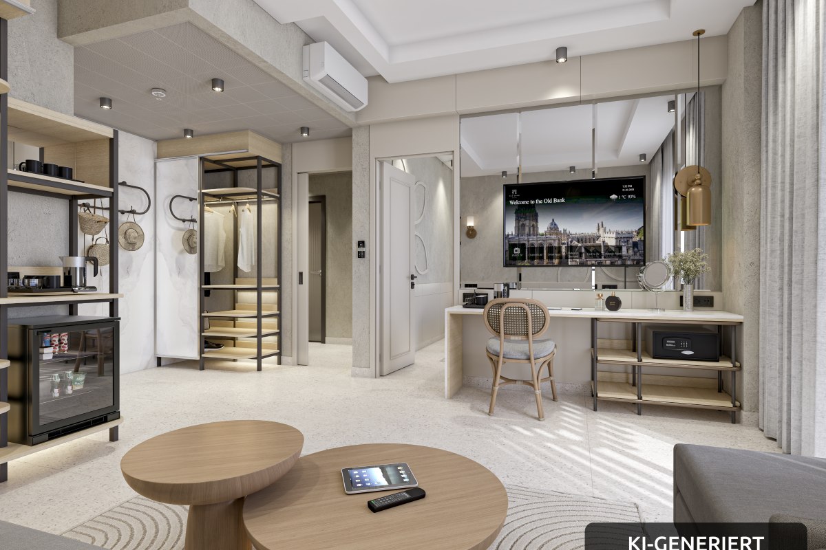 Helles Familienzimmer mit zwei separaten Schlafbereichen, modernem Design, Schreibtisch und Balkonzugang.
