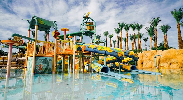Bunte Wasserrutsche mit mehreren Röhren und Palmen im Hintergrund in einem Wasserpark.