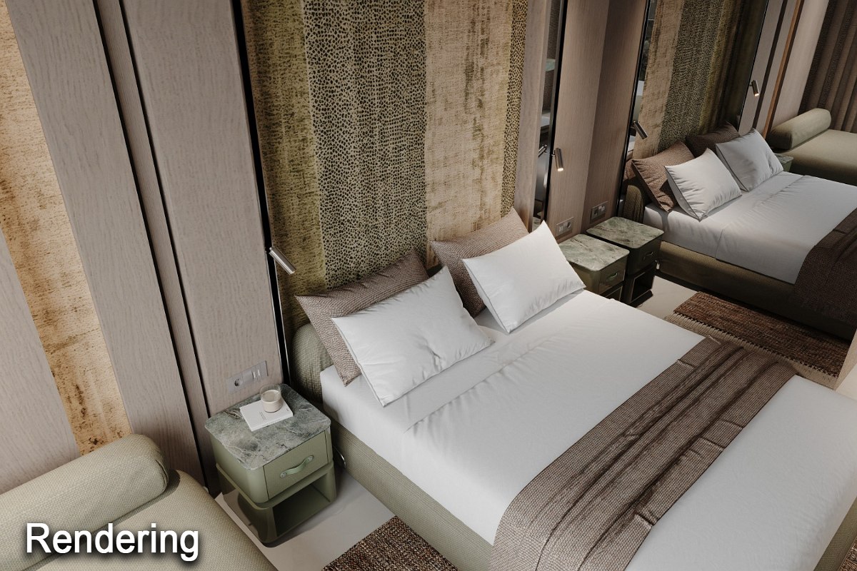 Modernes Hotelzimmer mit Doppelbett, Sitzbereich, Flachbild-TV, Schreibtisch, Blumen und Obstschale auf dem Tisch.