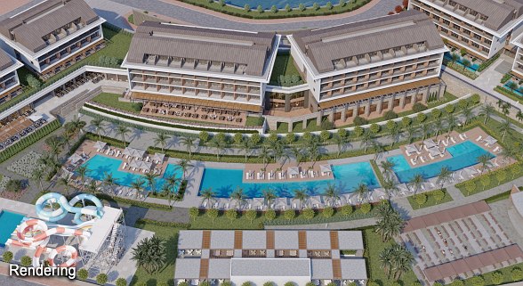 Großzügige Hotelanlage mit mehreren Pools, Sonnenterrassen und direktem Zugang zum Sandstrand.
