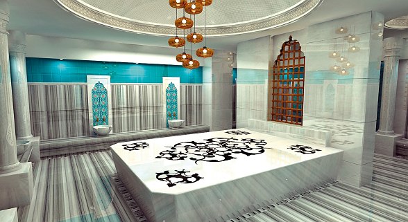 Modern gestaltetes traditionelles Hamam mit kunstvoller Marmorverkleidung, orientalischen Details und stimmungsvoller Beleuchtung.