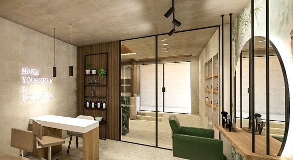Moderner Beauty-Salon mit Schminktisch, Friseurstuhl, Regalwand und der Leuchtschrift „Make yourself a priority“.