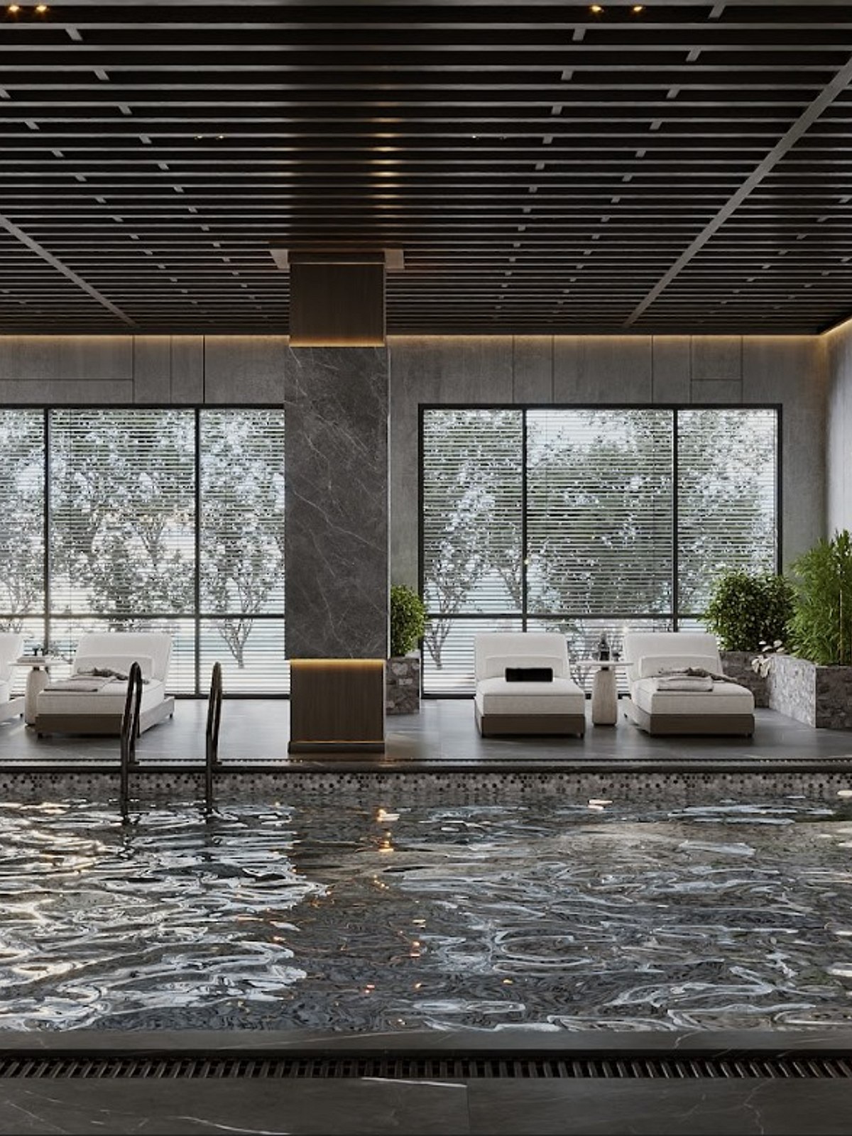 Elegante Hotellobby mit hoher Gewölbedecke aus Ziegel, dekorativen Bögen, Marmorfußboden und stilvoller Sitzgruppe.