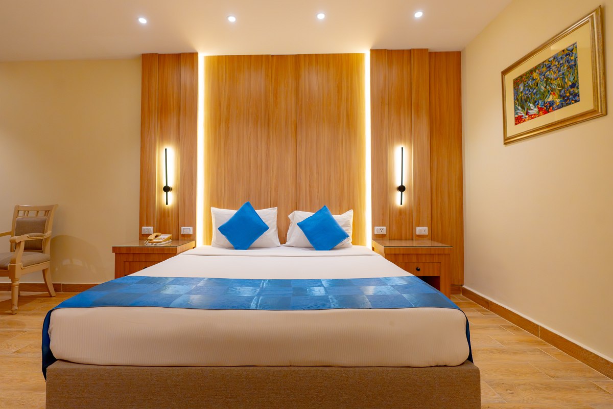 Modern room with wood floors, double bed with blue bedding, bunk beds, wall-mounted TV, and pink accent wall featuring a white palm tree design. Bright and cozy.