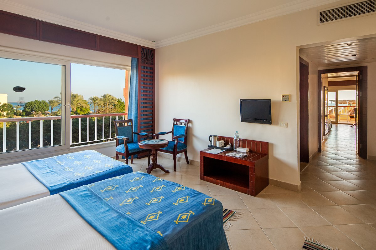 Cozy room with two beds covered in blue patterned blankets, large window with garden view, tiled floor, small TV on wooden stand, and a kettle on a table. Warm, inviting ambiance with natural light.