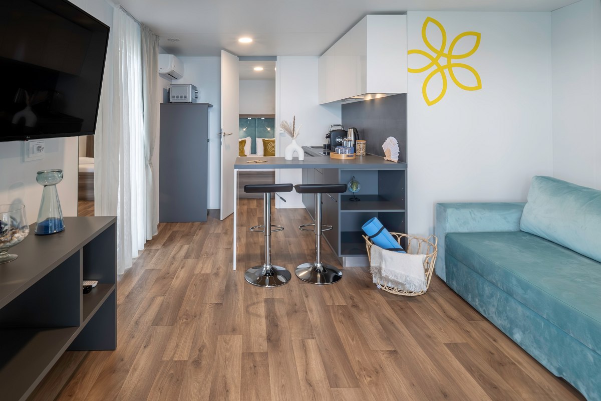 Modern, open-plan mobile home with kitchenette, bar stools, sofa, wooden floor and decorative accents.