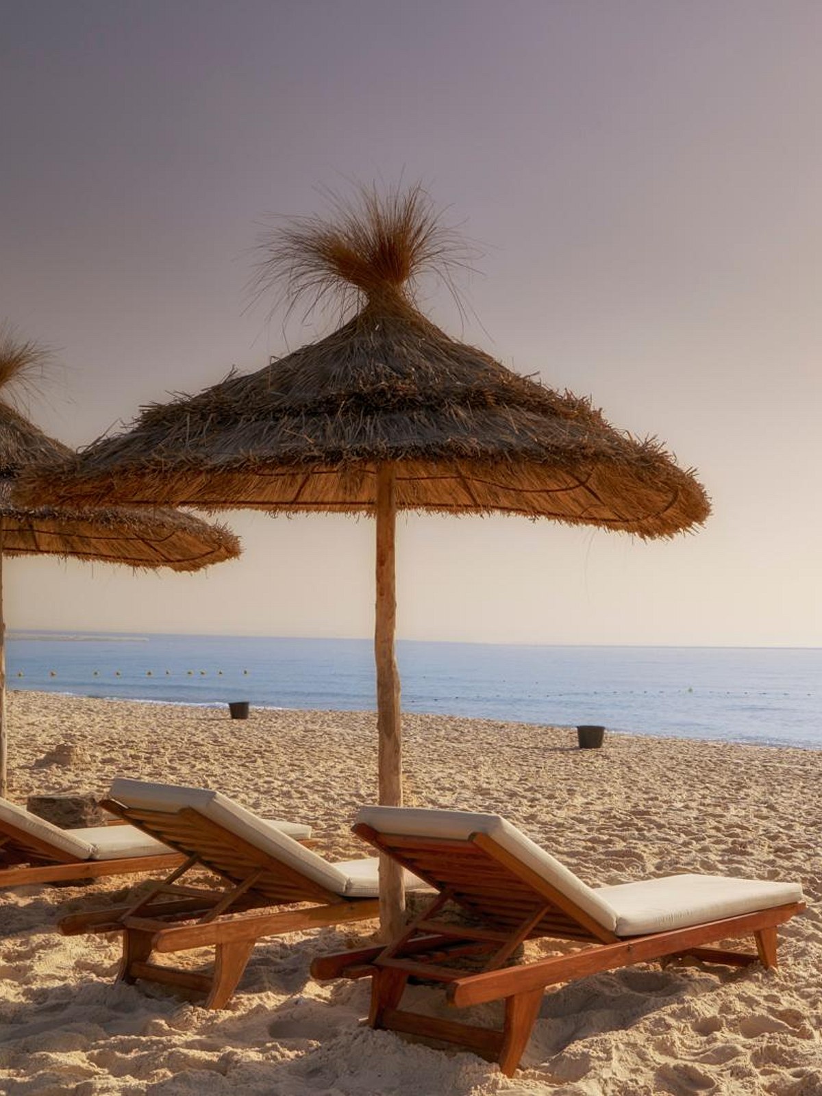 Aerial view of a hotel with a large pool, beach loungers and parasols directly on the clear sea, surrounded by green countryside.
