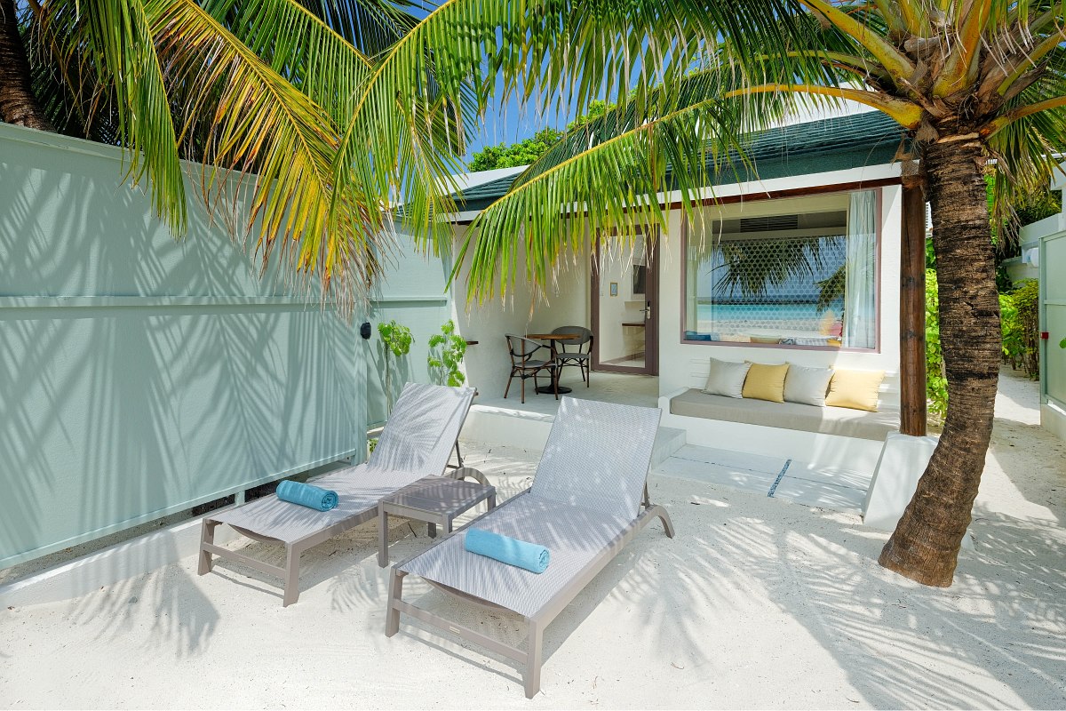 Tropical outdoor patio with two lounge chairs, palm tree, small table, cushioned bench, and ocean view through a window. 