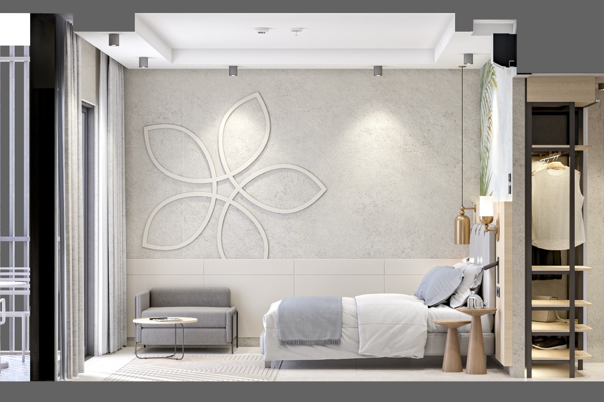 Modern hotel bathroom with glass shower, elegant marble washbasin and high-quality care products.