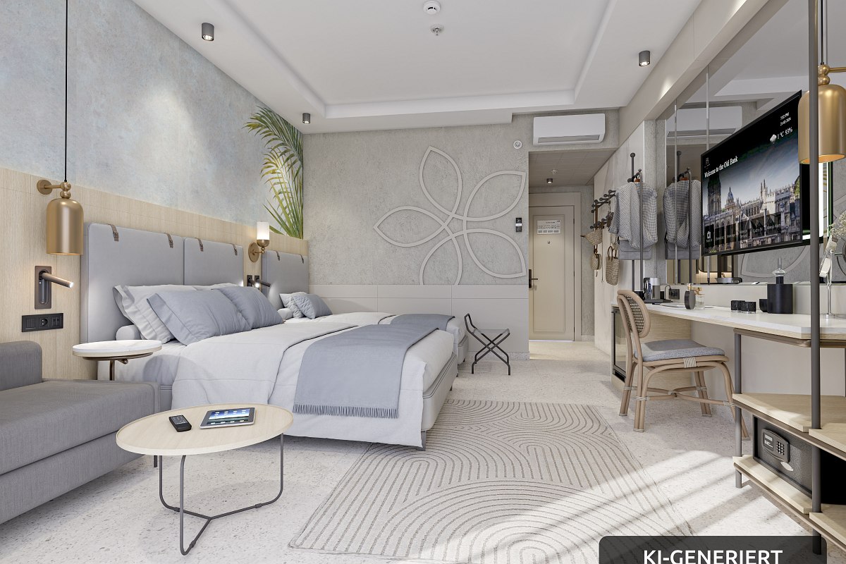 Elegant hotel room with two beds, stylish interior and balcony with fantastic sea view at dusk.