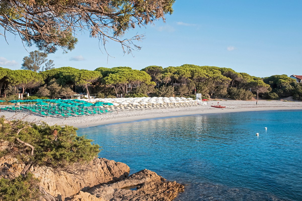 Hotel Sentido Tirreno Resort, Restaurant mit weißen Stühle auf einer Terrasse unter schattigen Bäumen mit Blick auf das Meer.